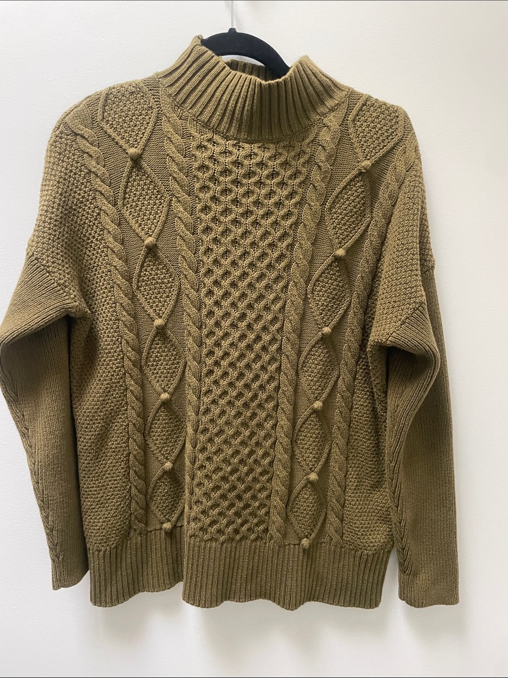 J. Crew 100% Cotton Swingy Cable-Knit Mockneck Sweater Size Small Olive Green